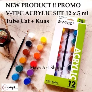 Cat Lukis Akrilik V-Tec dan Kuas Set Isi 12 Warna Dasar 5 ml Plus Tube Botol Tempat Cat / Vtec Acrylic Paint 12x5ml 12 x 5ml VT-512 TB Brush