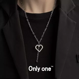 Hollow Mosaic Love Heart Pendant Necklace Hip Hop Long Chain Necklace