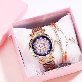 ?COD.Jam tangan Wanita Starry Sky Lucky Flower Watch Mesh Band Magnet