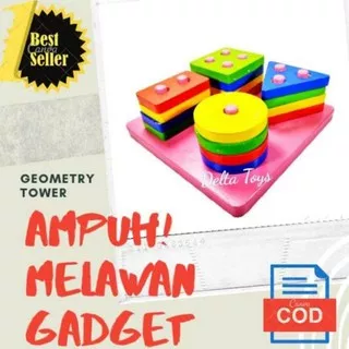 MAINAN EDUKASI ANAK KAYU - TOWER WOODEN GEOMETRY 4 SHAPE - MAINAN EDUKATIF APE PAUD TK