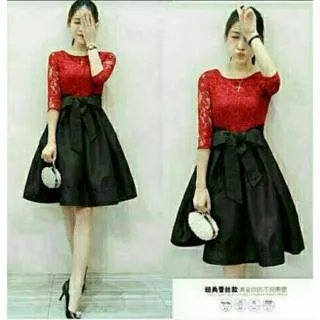 DRESS NATALIE (Full Red | Black Red) || Dress brukat satin merah hitam pesta ultah kondangan murah