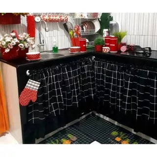 gorden murah / gorden dapur murah / gorden kolong dapur kotak-kotak hitam rumbai bawah