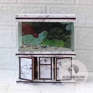 AQUARIUM MINI Pintu Tiga Motif Marmer Putih Ikan Cupang atau Ikan Kecil  FULL SET & KABINET (free pasir atau batu hias) bisa COD