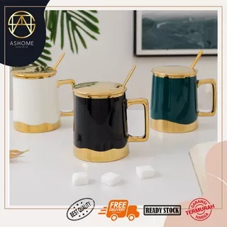 GELAS MINUM KERAMIK LIST EMAS SET DENGAN TUTUP GELAS EMAS/ CERAMIC MUG SET WITH CUP LID GOLD ELEGANT