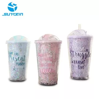 Sunxin - Glitter Tumbler Gelas Botol Minum Air Sedotan 450Ml