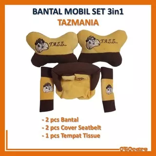 Bantal Mobil TAZMANIA Set 3in1 Bantal Mobil Cover Seatbelt Tempat Tissue Karakter Tazmania