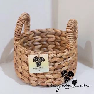 Keranjang Anyaman Bulat Enceng Gondok dengan Handle/Wadah Hamper D18cm