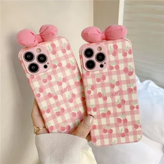 Hand Made Original Pink Cherry Bowknot Soft Case IP IPhone 6 6S 7 8 + Plus X XR SE 2020 XS Max 11 12 13 Pro Max Black Frame Casing Xiaomi Redmi 9T Note 8 10 Pro