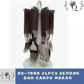 OX 7000 Oxone 24Pcs Sendok dan Garpu Makan 2lusin Staoinless Aman Set Murah Lucu Kuning Putih Hitam