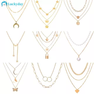 BUTTERFLY Kalung Rantai Emas Multi Layer Liontin Kupu-Kupu Hias Mutiara Gaya Bohemian Korea Retro Untuk Wanita