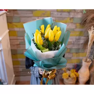 Buket Bunga Tulip Kuning Asli Fresh Yellow Hand Bouquet Flower Bucket Mother`s Day Get Well Soon box