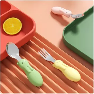 Baby Stainless Steel Spoon Fork Set Toddler Infant Learning Tableware Flatware Utensils Kids Cutlery Cartoon Rabbit