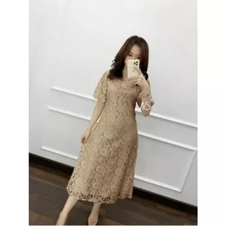 Baju Dress Pesta natal Wanita Dewasa Brukat kekinian Terbaru 2021 Gaun Dress Scarlet Simple Modis Style Korea Murah Bhn Brukat Ukuran M L XL XXL