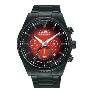 Jam Tangan Pria Alba Signa AT3H91X1 Chronograph Men Red Patterned Dial Black Stainless Steel Strap