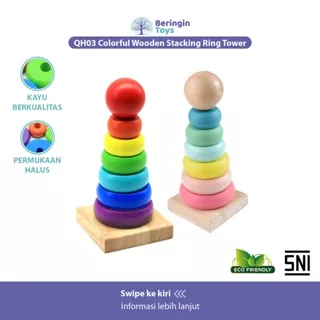 Beringin Toys Colorful Wooden Stacking Ring Tower Rainbow Tower / Menara Donat Kayu / Menara Pelangi / Menara Donat/ Mainan Edukasi / Mainan Donat Susun / Menara Ring Donat