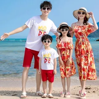 Korean version red parent-child outfit beach mother daughter dress father son short sleeved shirt beach vacation