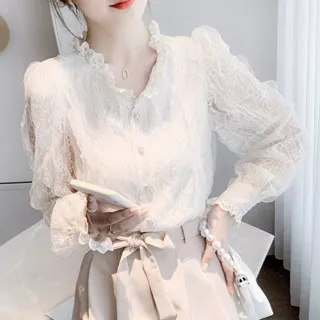 2024New French Sweet Gentle Lace Shirt Fairy Long Sleeve Chiffon Shirt