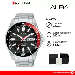 Jam Tangan Pria ALBA Automatic AL4457X1 Automatic Diver Black Pattern Dial Black Red Bezel Stainless Steep Strap