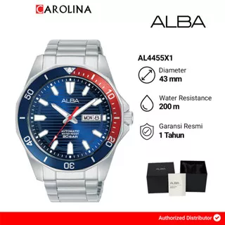 Jam Tangan Pria ALBA Azure AL4455X1 Automatic Diver Blue Pattern Dial Blue Red Bezel Stainless Steel Strap