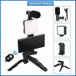 Vlogging KIT Paket Vlog 5 Item LED Video Light Phone Holder Tripod Microphone Remote Shutter AY49