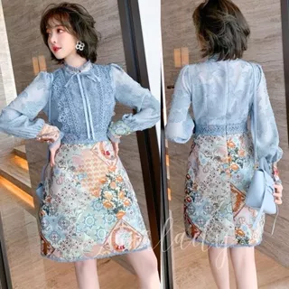 LD 86-98 Neva Jacquard Blue White Brukat Lace Dress Kondangan Pesta Wanita Korean Style Premium Fairlady_id