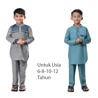 Baju Muslim Setelan Koko+Celana Anak Umur-Usia 6-8-10-12 Tahun / Stelan Anak Laki Laki Cowok Hijau-Abu