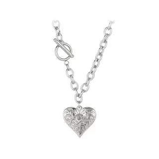 Glamorousky Silver 316L Pattern Heart Pendant Necklace Kalung