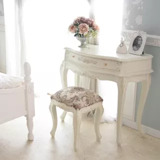 meja rias set minimalis estetik + kursi antik putih antique white aesthetic kayu belajar cantik classic cermin dan kursi elegant mewah princess rak laci set kursi ukir ukuran 90cm warna putih wood
