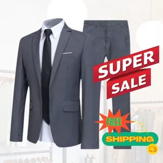 Set Jas Pria Slimfit Abu 2 in 1 Jas dan Celana Setelan Formal Dewasa