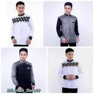Baju Koko Putih Lengan Panjang Pria Model kombinasi Batik M L XL terpopuler