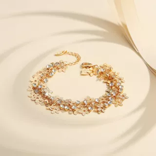 Lanmi Jewelry Gelang Titanium Wanita Lapis Emas Korean Style Cantik Berlian Bunga Kristal Rantai Adjustable Aksesoris Cewek Perhiasan Murah Y225
