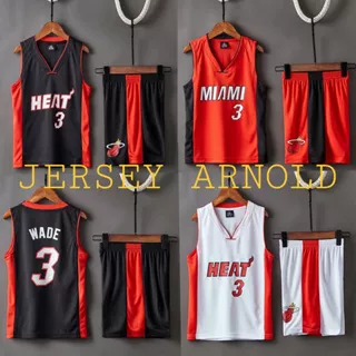 STELAN JERSEY BASKET MIAMI HEAT DWYANE WADE 3 HITAM PUTIH MERAH BLACK WHITE RED XXL 2XL XXXL 3XL GO ORI IMPORT 1 SET STEL