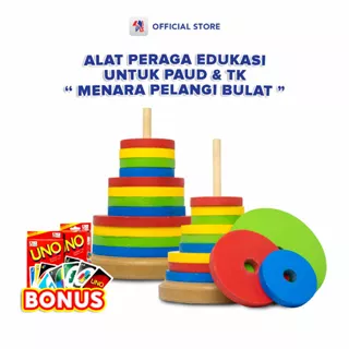 Mainan Edukasi Balok Kayu Menara Pelangi Bulat / Puzzle Anak Balok Susun Untuk Anak - BONUS Kartu UNO