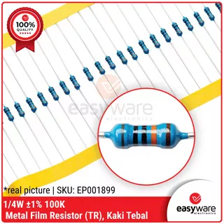 RESISTOR 100K OHM 0.25WATT METAL FILM RESISTOR TAIWAN 100K 1/4W KAKI TEBAL