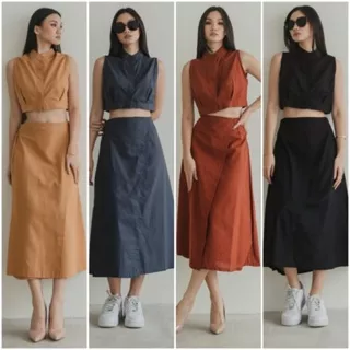  SALE TERMURAH BEST SELLER BERLY 2 IN 1 LINEN SET ~ CROP BUTTON TOP VEST WITH WRAP MIDI SKIRT / SETELAN ROMPI PENDEK & ROK APPRON | SHELICIOUSROOM