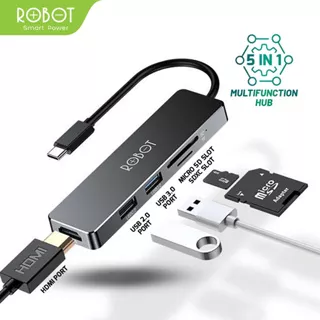 ROBOT HT240S USB C HUB 5-in-1 Type C Adapter, SD/TF Card Reader Black Garansi 1 Tahun