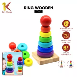 Satu Keluarga Mainan Anak Ring Donat Kayu Susun Rainbow Unisex M329 Puzzle Tower Donut Wooden Toys Kids Mainan Edukasi Anak Balok Susun Menara Pelangi