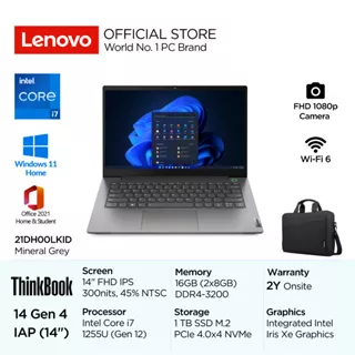 Lenovo ThinkBook 14 Gen 4 IAP LKID Intel Core I7 1255U Win11 16GB 1TB SSD 14 FHD IPS 45% NTSC Antiglare Integrated Iris Xe Backlit Fingerprint Camera FHD 1080p Milspec Wi-Fi 6 Aluminium Cover Garansi Resmi Laptop Bisnis SMB 14inch 21DH00LKID Grey Office