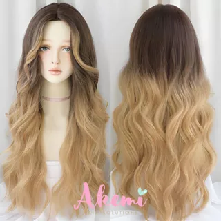 WIG AKEMI NON BANGS - WIG KYLIE JENNER Belah Tengah Tanpa Poni Wave 65cm OMBRE HIGHLIGHT BLONDE [ rambut palsu wanita panjang warna rambut pirang model keriting curly natural wig bule ]