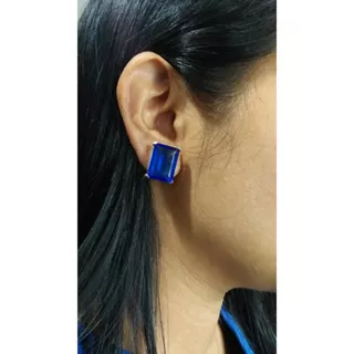 Anting Earring Perak Silver Bali Asli 925 giwang kotak stud clip persegi besar jumbo batu natural biru blue topaz hijau peridot pWanita Unik elegan custom