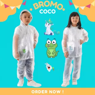 BROMO COCO Jas Hujan Anak Setelan Umur 4 sampai 10 Tahun Bening Mantel Bromo COCO Karakter Anak Mantel Hujan Anak TK SD Warna Polos Lucu Putih Biru Hijau Bahan Premium Tebal