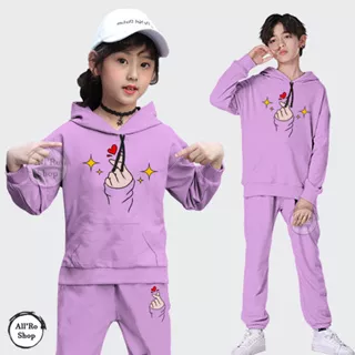 Baju Setelan Anak Remaja ABG Unisex Olahraga Senam Motif Cinta Korea Saranghaeyo KPOP Lucu Bertudung Hoodie Usia 5 sampai 13 tahun ARS