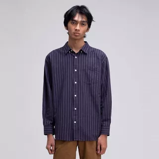 Famo Kemeja Lengan Panjang Pria Linen Stripe Motif Garis Garis Long Sleeve Shirt Biru 090423