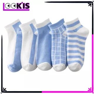 LOOK'IS - Kaos Kaki Pendek 6802 Kaoskaki Fashion Wanita Korea Style Motif Kotak Kaus Kaki Warna Biru Putih Kauskaki Motif Belang Bahan Katun Penyerap Keringat Angkle Socks