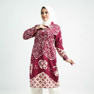 BATIK TRUSMI Tunik Batik Atasan Wanita Batik Mega Mendung Iris Merah