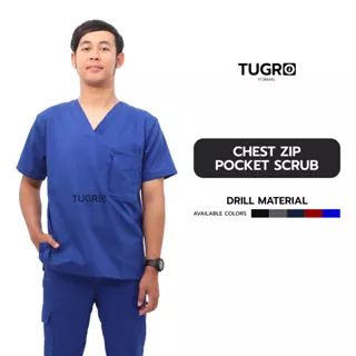 Baju Jaga OK Mens V Neck Chest Zip Pocket Short Sleeve Scrub Top