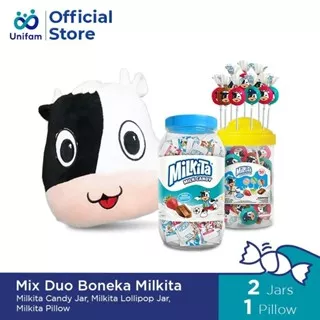 Paket Boneka Milkita & Mix Duo Candy & Lollipop Jar Assorted Festive Max - Toples Permen & Lolipop Milkita Rasa Susu, Cokelat, Stroberi & Melon