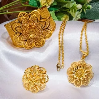 set perhiasan kalung+liontin+gelang+cincin model bunga dubai terbaru kekinian dan elegan