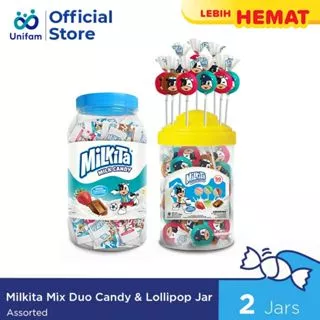 Milkita Mix Duo Candy & Lollipop Jar Assorted Festive Max - Toples Permen & Lolipop Milkita Rasa Susu, Cokelat, Stroberi & Melon