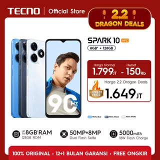 TECNO SPARK 10 NFC 4+4GB*/8+8GB*+128GB, 50MP+AI Main Rear with Dual LED Flash + 8MP Front Camera, Helio G37, 6,56 HD+ 90Hz, 5000mAh + 18watt + Type C, Android 13, Garansi 12+1